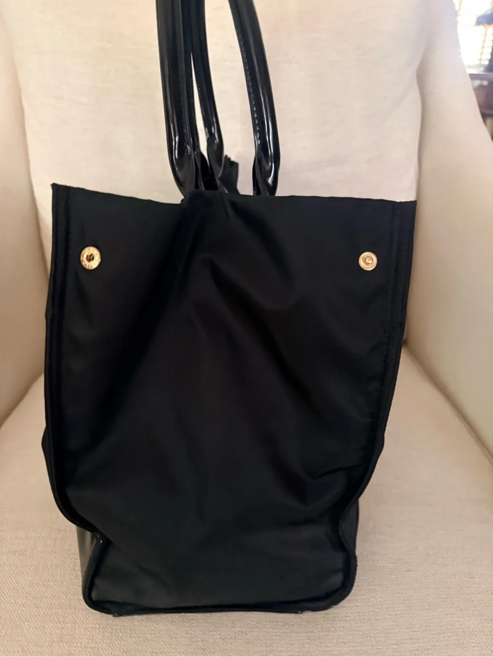 Tory Burch Black Ella Tote Bag with Gloss Logo Accent